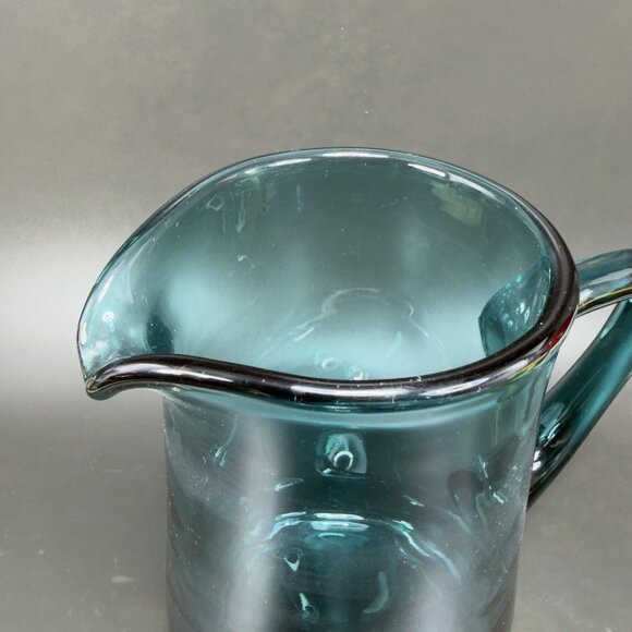 Mid Century Teal Green Art Glass Pitcher Jug Carafe Hand Blown Glassware Vintage - Picture 6 of 11